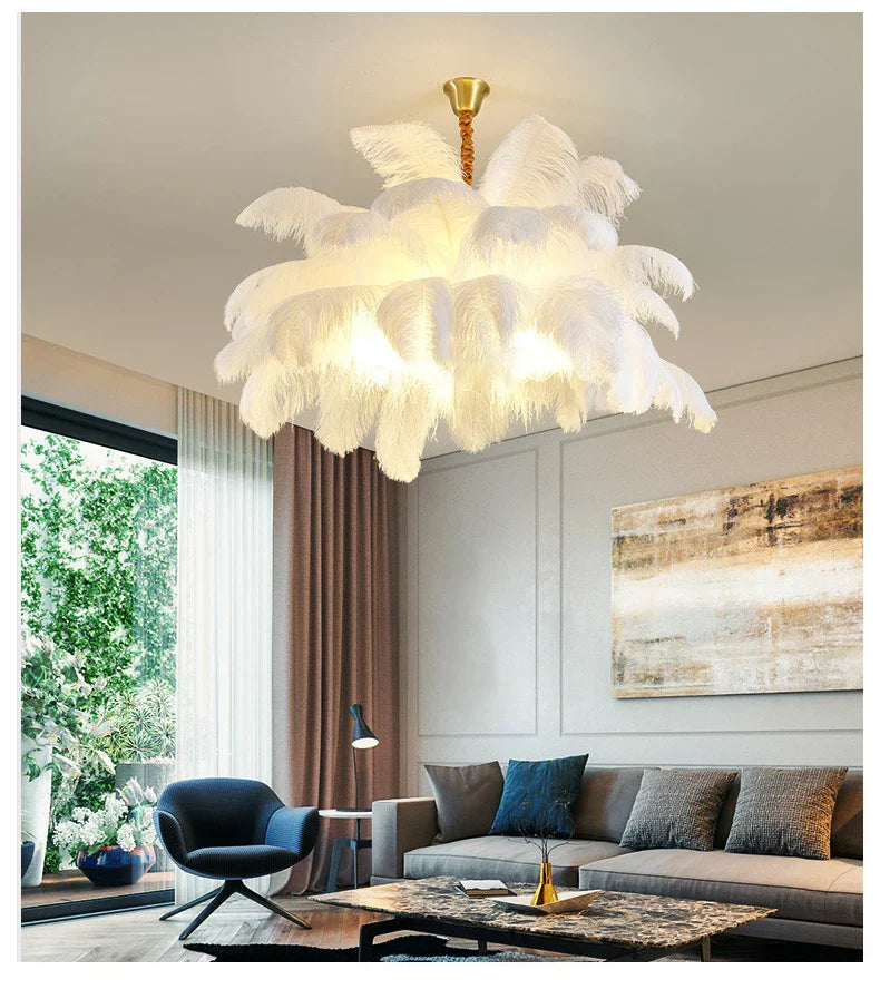 Modern Nordic Feather Pendant Chandelier Light for Living Room, Bedroom & Home Decor — white / D80cm 32 feathers / Hanging chain | Warm light