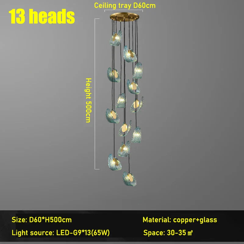 Nordic Glass Ribbon Chandelier Pendant Light with 3-Color Dimmable Lighting for Staircase & Home Decor