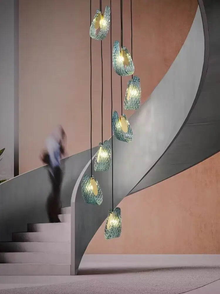 Nordic Glass Ribbon Chandelier Pendant Light with 3-Color Dimmable Lighting for Staircase & Home Decor — 7 heads / Warm light no remote 2