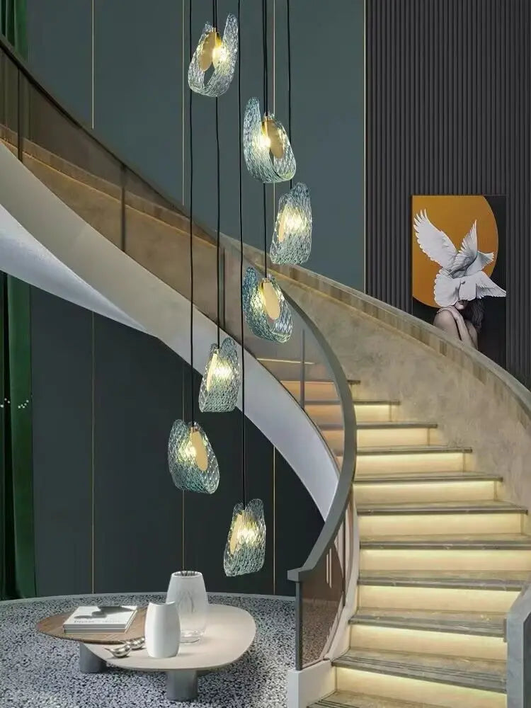 Nordic Glass Ribbon Chandelier Pendant Light with 3-Color Dimmable Lighting for Staircase & Home Decor