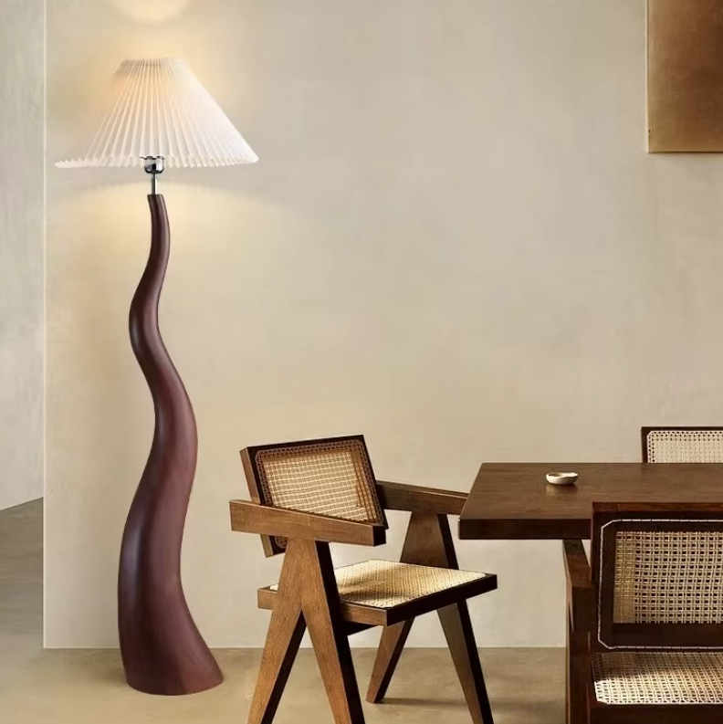Scandinavian Sculptural Floor Lamp – Organic Wood Grain LED Standing Light for Living Room & Bedroom — Walnut / UK Plug