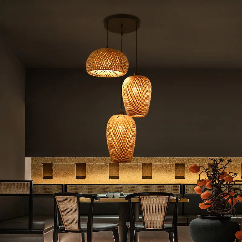 Rattan Pendant Light for Living Room — Black Base