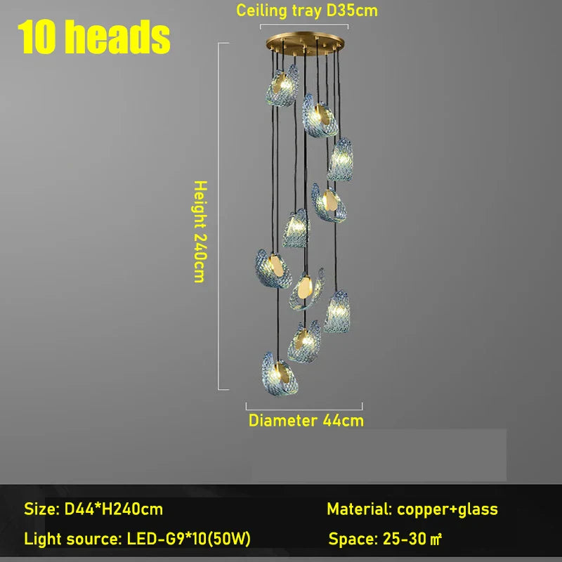 Nordic Glass Ribbon Chandelier Pendant Light with 3-Color Dimmable Lighting for Staircase & Home Decor — 7 heads / Warm light no remote 8