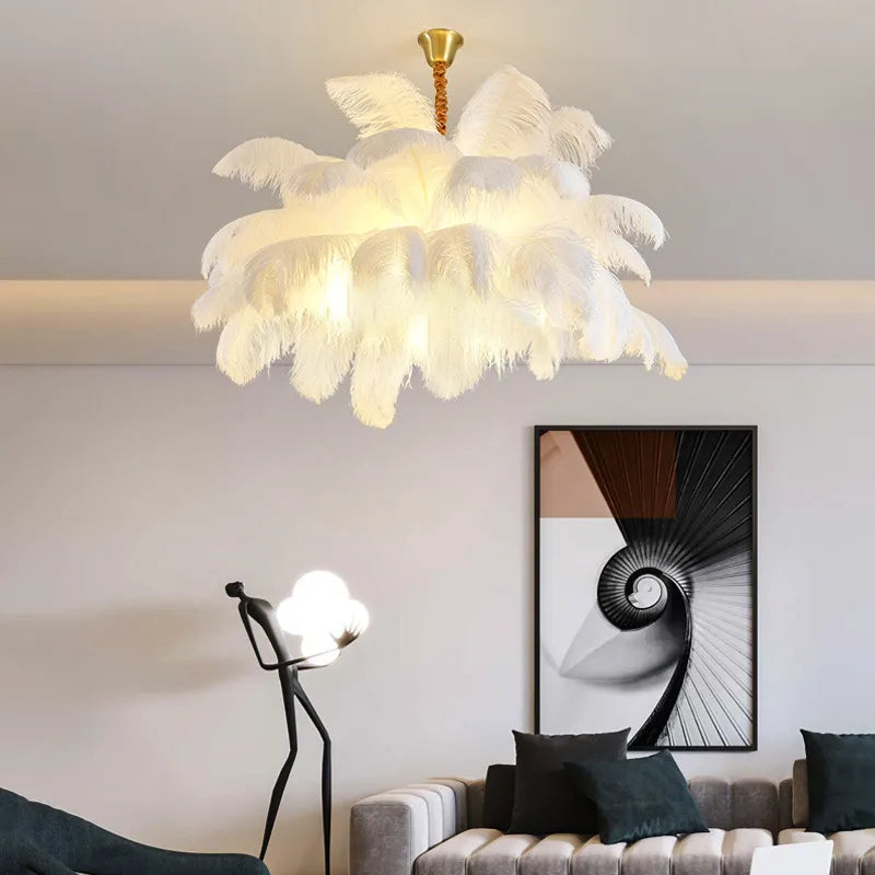 Modern Nordic Feather Pendant Chandelier Light for Living Room, Bedroom & Home Decor — white / D80cm 32 feathers / Hanging chain | Warm light 2