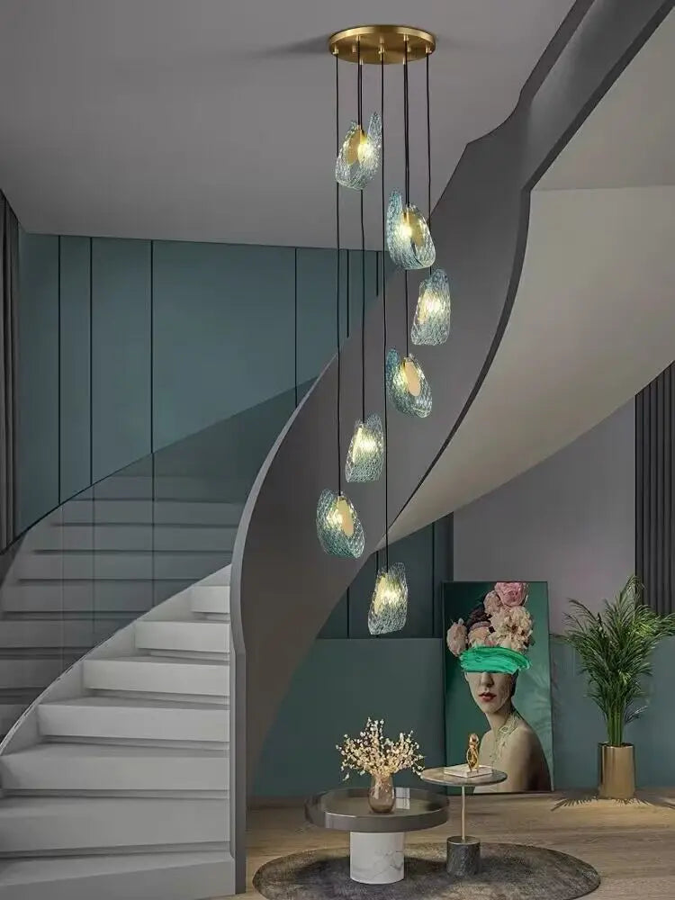 Nordic Glass Ribbon Chandelier Pendant Light with 3-Color Dimmable Lighting for Staircase & Home Decor — 7 heads / Warm light no remote 4